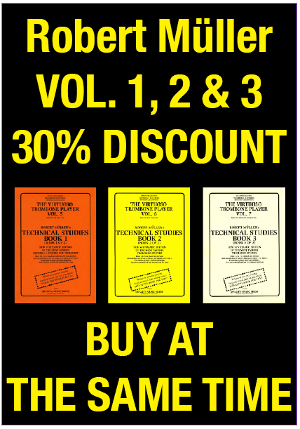 <strong><font color="red">5) 30%.<br>TROMBONE METHODS. (3 BOOKS) <br> ROBERT MULLER's TECHNICAL STUDIES <br> VOL. 1, 2, & 3<br> <font color="black">MAIL INCLUDED